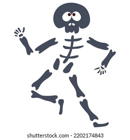 Cute cartoon doodle hand drawn skeleton with bones for Halloween holiday. Single design graphic element. Vector Illustration isolated on white background.