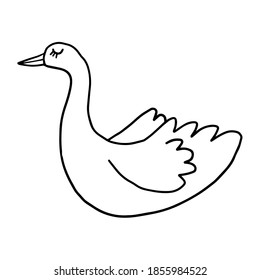 Cute cartoon doodle happy swan in childlike style isolated on white background. Vector illustration.  