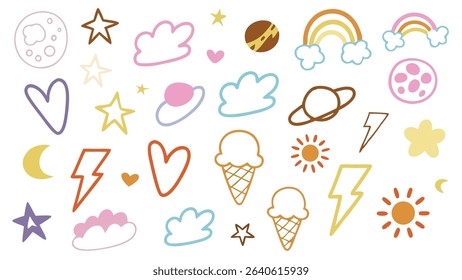 Cute Cartoon Doodle Icons Pattern on White Background