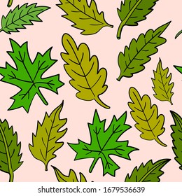 Cute cartoon doodle leaves seamless pattern. Floral background. Fall leaf. Vector illustration.  