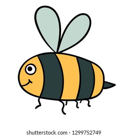 Cute cartoon doodle linear bee isolated on white background. Vector illustration. 