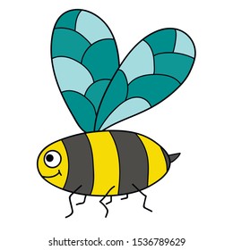 Cute cartoon doodle linear bee isolated on white background. Vector illustration.  