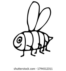 Cuto doodle de dibujos animados, abeja lineal aislada en fondo blanco. Animales de insectos al estilo infantil. Ilustración vectorial.    