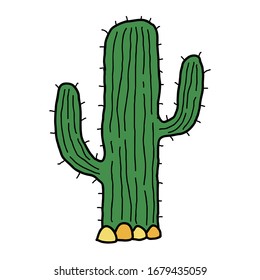 Cute cartoon doodle linear cactus in desert isolated on white background. Vector illustration. 