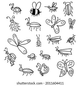 Cute cartoon doodle linear midge, fly, bug, butterfly, bee set isolated on white background. Insects collection.
