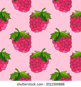 Cute cartoon doodle linear raspberry seamless pattern. Infinity background with summer berry, fruit. 