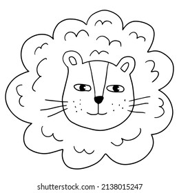 Cute cartoon doodle lion muzzle isolated on white background. Wild cat. 