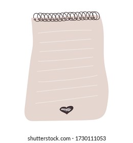 Cute cartoon doodle notebook on the spring with heart icon. Vector stock illustration isolated on white background.