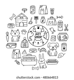 Cute cartoon doodle pet shop icons - logo, dog, cat, mouse, rabbit, cage, bird, fish, collar, bone, kennel, malt paste, food, pills, scissors, tray, aquarium, turtle, shampoo.