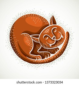 Cute cartoon doodle red cat vector illustration, nice pet sleeping comfortable.