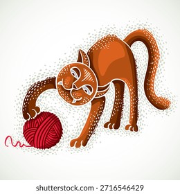 Cute cartoon doodle red cat vector illustration, nice pet playing with thread ball.