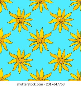 Cute cartoon doodle retro happy sun seamless pattern. Summer sky background.