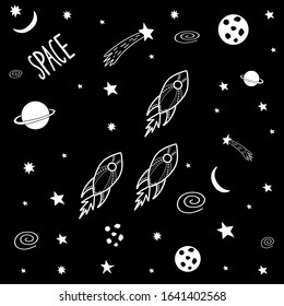 Cute cartoon doodle rockets in outer space. Vector galaxy pattern for prints on t-shirt, fabric, paper. Vector stock illustration.