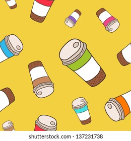 Cute cartoon doodle seamless pattern with coffee cup
