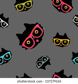 cute cartoon doodle seamless pattern with cat in hipster glasses