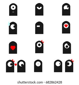 Cute cartoon doodle set of emoji. Black cute monster's emotions. One eye alien.