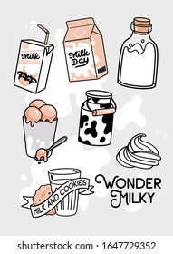 Cute cartoon doodle set of milk products in bottles, jars, glasses on grey background with liquid milk splatters. Wonder milky lettering