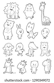Cute cartoon doodle sketch Animals Vector on white Background, linear drawing, set of funny Animals illustrations 