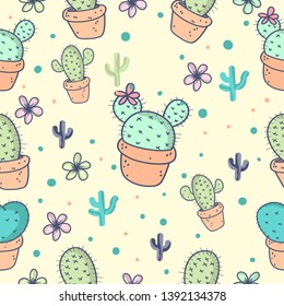 cute cartoon doodle style cactus.Cute cactus.Natural hand drawing background with desert plants.cute hand drawn seamless pattern with cactus.Vector