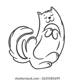 Desenho animado bonito estilo esboço de gato em pose de sentado brincalhão, cauda macia enrolada e cara de conteúdo. Ilustração vetorial de gato para colorir, adesivos, ou divertidos artesanato de criança e arte.