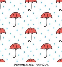 Cute cartoon doodle umbrella and water drops seamless pattern background.