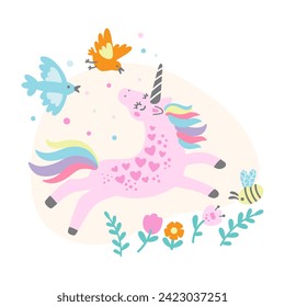 Cute cartoon doodle unicorn with birds and flowers isolated on a white background. Unicorn character. Color vector illustration for print, design, stickers, decorations, kids clothes, souvenirs