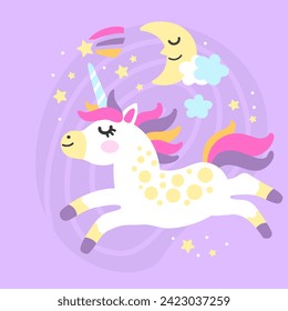 Cute cartoon doodle unicorn with moon and stars isolated on a white background. Unicorn character. Color vector illustration for print, design, stickers, decorations, kids clothes, souvenirs