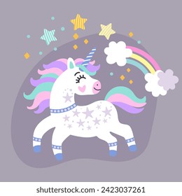 Cute cartoon doodle unicorn with a rainbow and stars isolated on a white background. Unicorn character. Color vector illustration for print, design, stickers, decorations, kids clothes, souvenirs