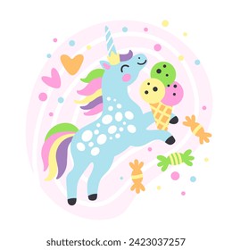 Cute cartoon doodle unicorn with sweets and ice cream isolated on a white background. Unicorn character. Color vector illustration for print, design, stickers, decorations, kids clothes, souvenirs