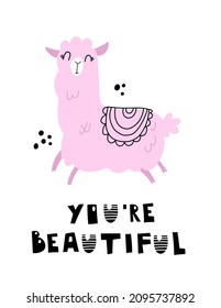 Cute cartoon doodle vector alpaca animal nursery print postcard with you are beautiful hand drawn lettering letters. Modern trendy print