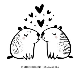 Cute cartoon doodle vector capybaras with hearts on white background
