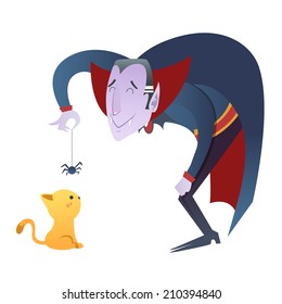 Cute cartoon Dracula vampire character playing with kitten and spider