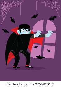 Cute cartoon Dracula vampire character standing inside a spooky room with flying bats, spider webs, and a window in the background. Flat vector illustration with a purple background, perfect for Halloween themes, decorations, posters, invitations, and children’s designs.