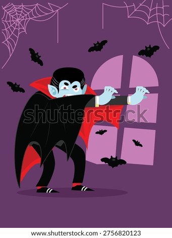 Cute cartoon Dracula vampire character standing inside a spooky room with flying bats, spider webs, and a window in the background. Flat vector illustration with a purple background, perfect for Halloween themes, decorations, posters, invitations, and children’s designs.
