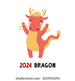 Cute cartoon dragon, Asian zodiac sign, astrological symbol, isolated on white. Hand drawn vector illustration. Flat style design. 2024 Chinese New Year card, banner, poster, horoscope element.