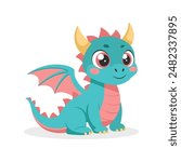 Cute cartoon dragon. Baby dragon or dinosaur cute character. Fairytale monster. Illustration, print