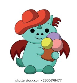 Cute cartoon dragon in beach hat   and ice cream in color
