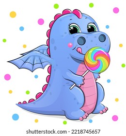 Cute cartoon dragon with big candy. Vector illustration of an animal on a white background with colorful dots.