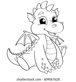 Cute cartoon dragon. Black and white vector illustration for coloring book
