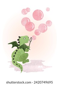 Cute cartoon dragon blowing soap bubbles. Vector watercolor illustration. Baby print