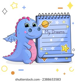 A cute cartoon dragon with a blue notebook with stickers. Vector illustration of an animal on a white background with stars, circles.