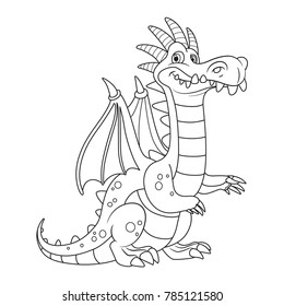 Cute cartoon dragon with bone comb outlines for coloring isolated on a white background