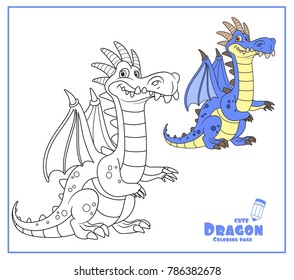 Cute cartoon dragon with a bone comb color and outlines for coloring isolated on white background