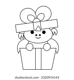 Cute cartoon Dragon in celebration gift box in black and white