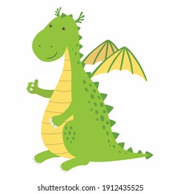 A cute cartoon dragon character giving a thumbs up