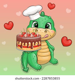 A cute cartoon dragon chef in a chef's hat is holding a big cake. Vector illustration of an animal with food and red hearts.