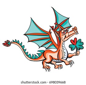 Cute cartoon dragon with clover. Kawaii love. Vector illustration. Template. 