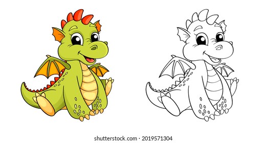 Cute cartoon dragon. Color and black white illustration for coloring book