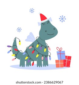 Cute cartoon dragon decorated with garland with lanterns next to gifts and snowflakes. Festive winter animal wearing santa hat. Vector graphics.