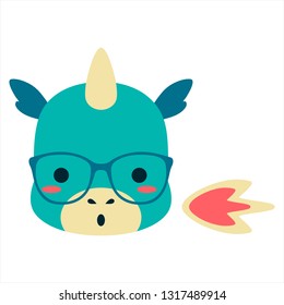 Cute cartoon dragon or dino with glasses and flame. Funny kawaii character. Clip art for nursery room, card, poster, t-shirt print, stickers